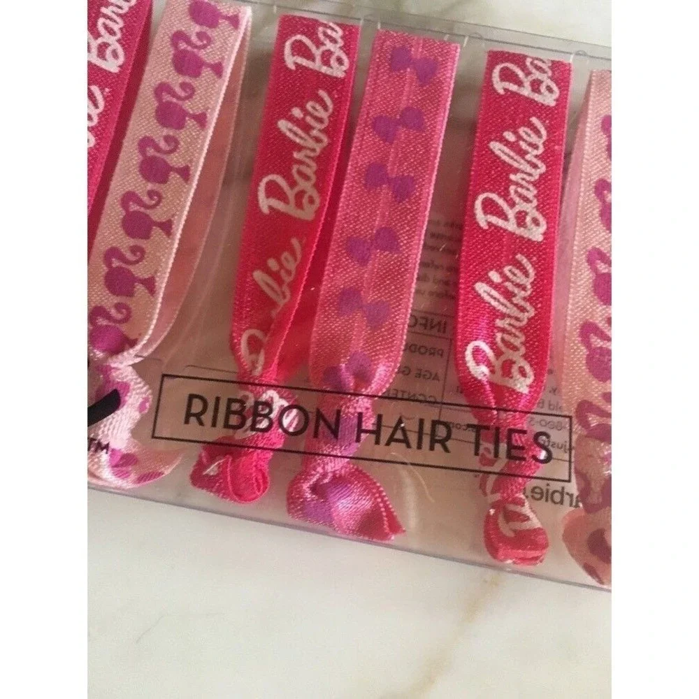 Barbie Ribbon Hair Ties Pink 8 Pack Logo Silhouette Bow Patterns‎ Mattel 2013